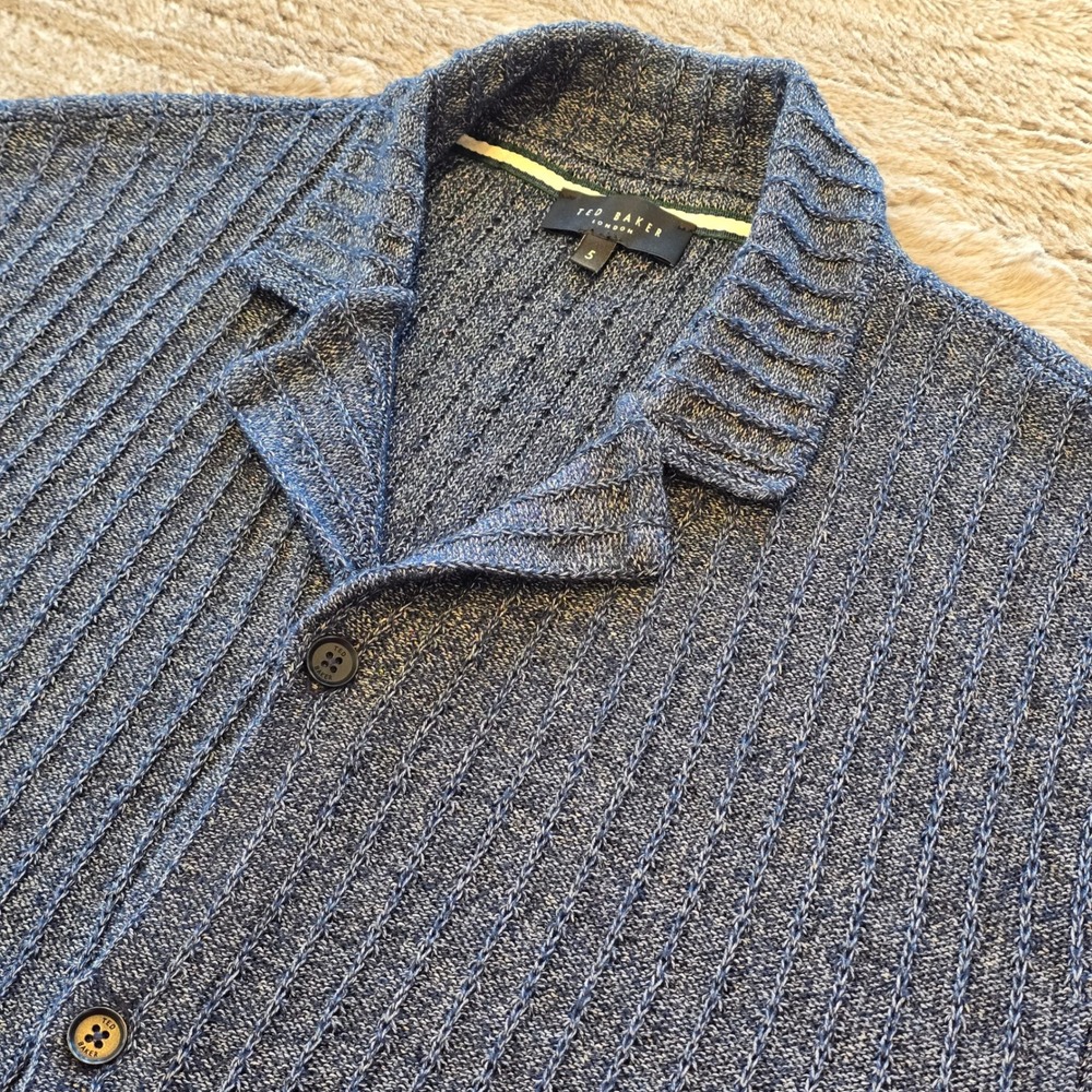 Ted Baker London Mens Blue Ribbed Knit Button Down Camp Shirt Size 5 XXL 268058